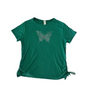 M Fasis Womens Short Sleeve Round Neck Green Butterfly Pullover T Shirt Size L
